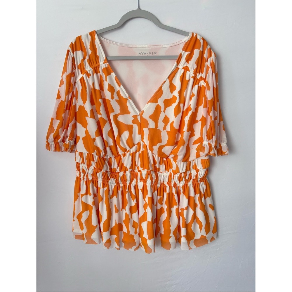 Ava & Viv Womens 1X Orange White Abstract Mesh Peplum Blouse Smocked V-Neck Top